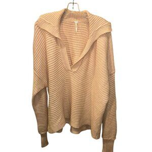khaki sweater Free People neutral ribbed shawl neck middy collar L